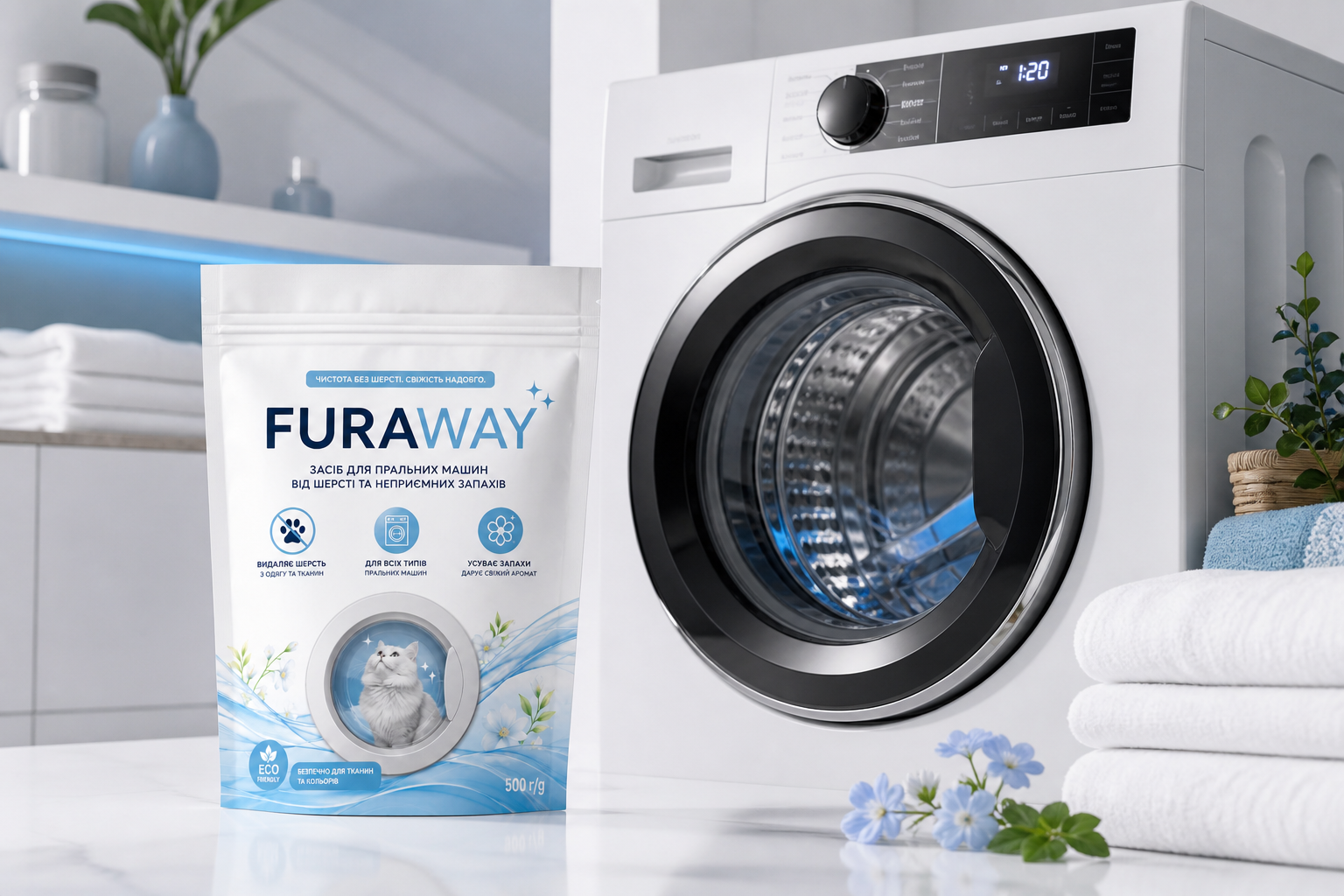 Упаковка FURAWAY біля сучасної пральної машини
